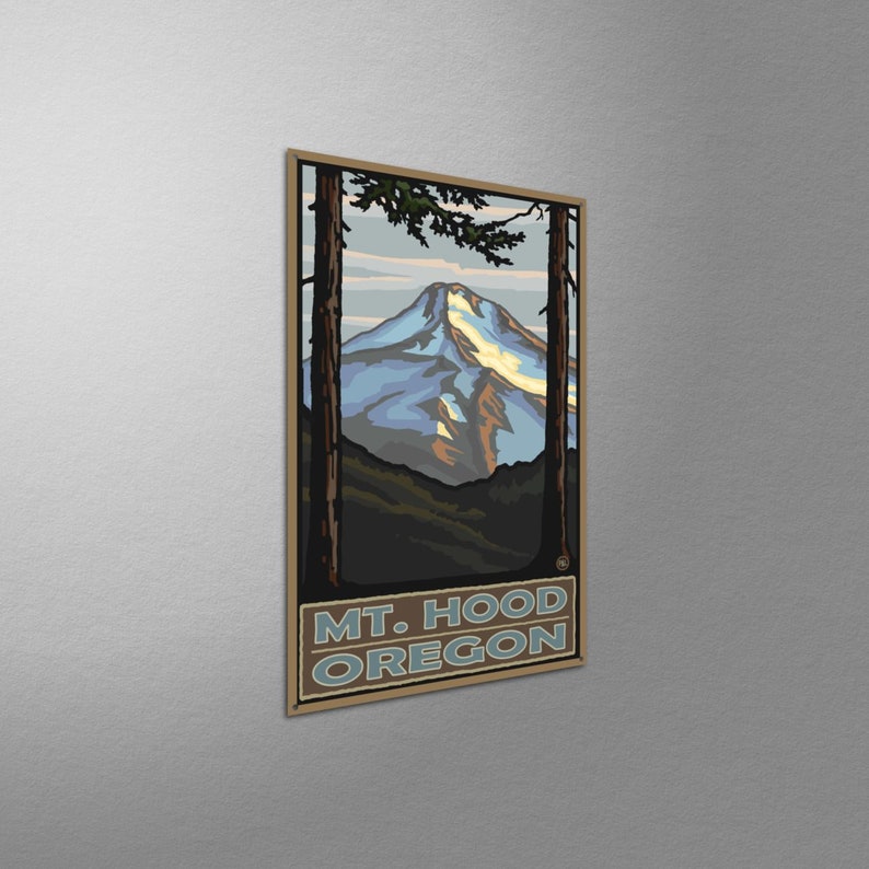 May include: A vintage-style poster featuring a scenic view of Mount Hood, Oregon. The mountain is depicted in shades of blue and white, with a brown and green forest in the foreground. The text "MT. HOOD OREGON" is printed in a brown font at the bottom of the poster.