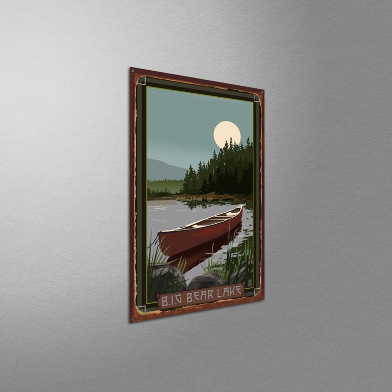 Big Bear Lake California Canoe In Moonlight Giclee Art Print Poster from Original Artwork by Artist Mike Rangner