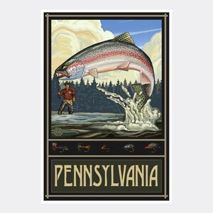 Pennsylvania Rainbow Trout Fly Fisherman Giclee Art Print Poster from Travel Artwork by Artist Paul A. Lanquist