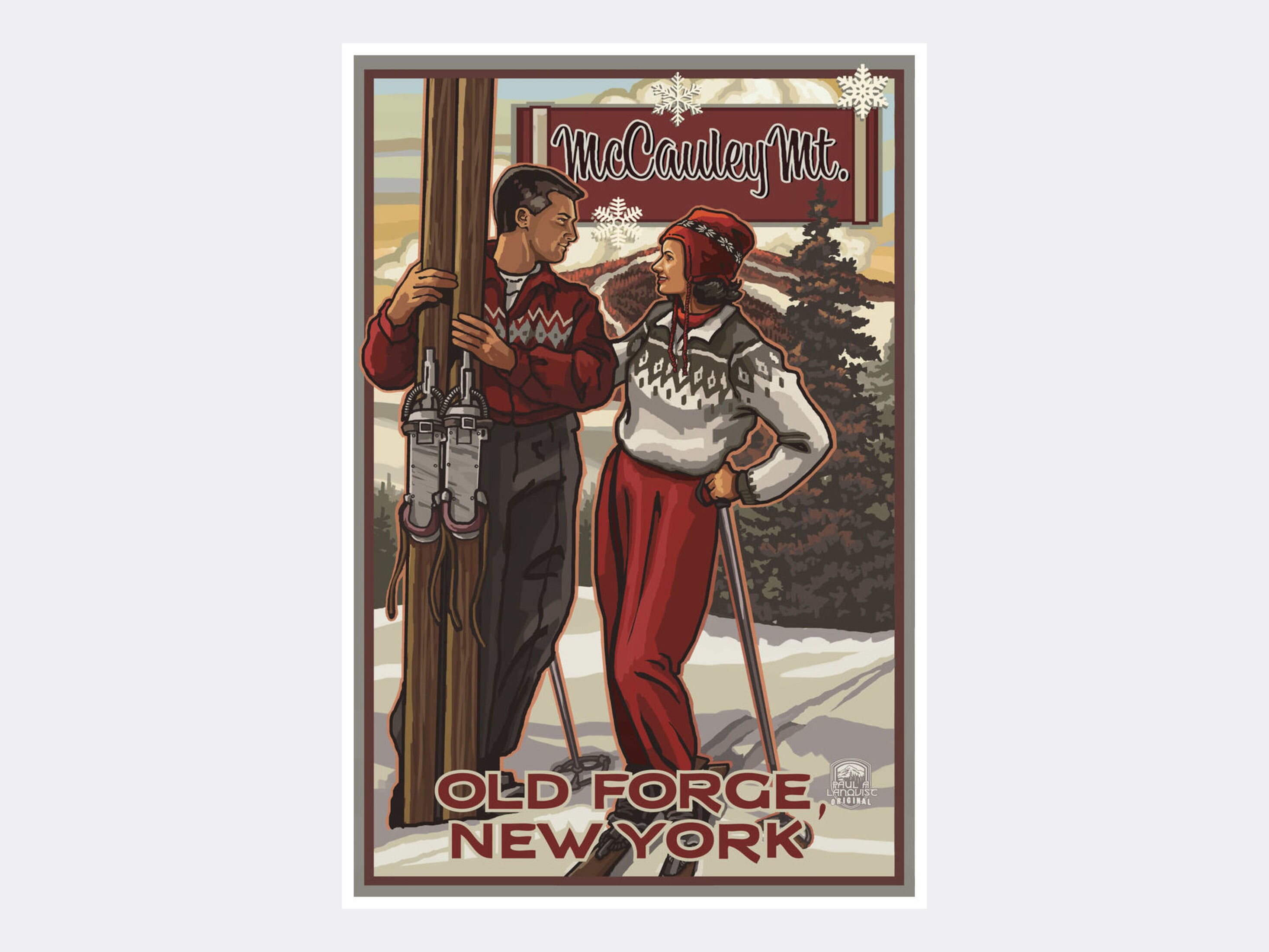 Old Forge New York McCaley Mountain Classic Skiers Giclee Art Print Poster from Travel Artwork by Artist Paul A. Lanquist