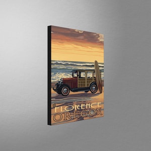 Florence Oregon Car With Surfboard Stretch Canvas, Pillow, Blanket from Travel Artwork by Artist Paul A. Lanquist