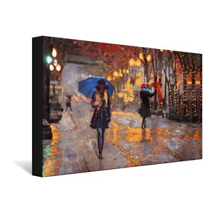May include: Two people walk down a city street at night, one holding a blue umbrella and the other holding a red umbrella. The street is wet from rain and the lights of the city are reflected in the puddles.