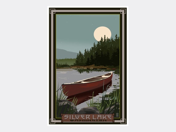Big Bear Lake California Canoe In Moonlight Giclee Art Print Poster from Original Artwork by Artist Mike Rangner