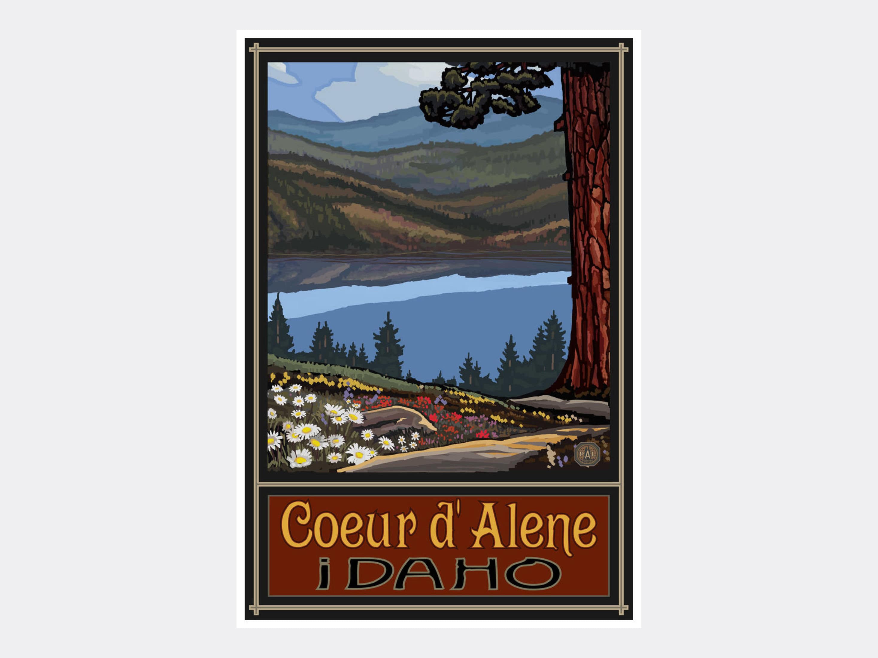 Coeur d 'Alene Idaho Lake Trails Big Hills Giclee Art Print Poster from Travel Artwork by Artist Paul A. Lanquist