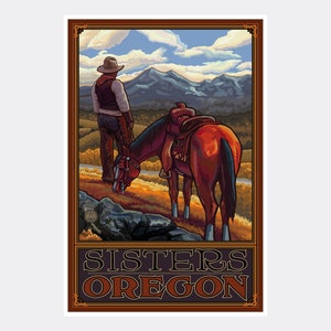Sisters Oregon Cowboy On Range Giclee Art Print Poster from Travel Artwork by Artist Paul A. Lanquist
