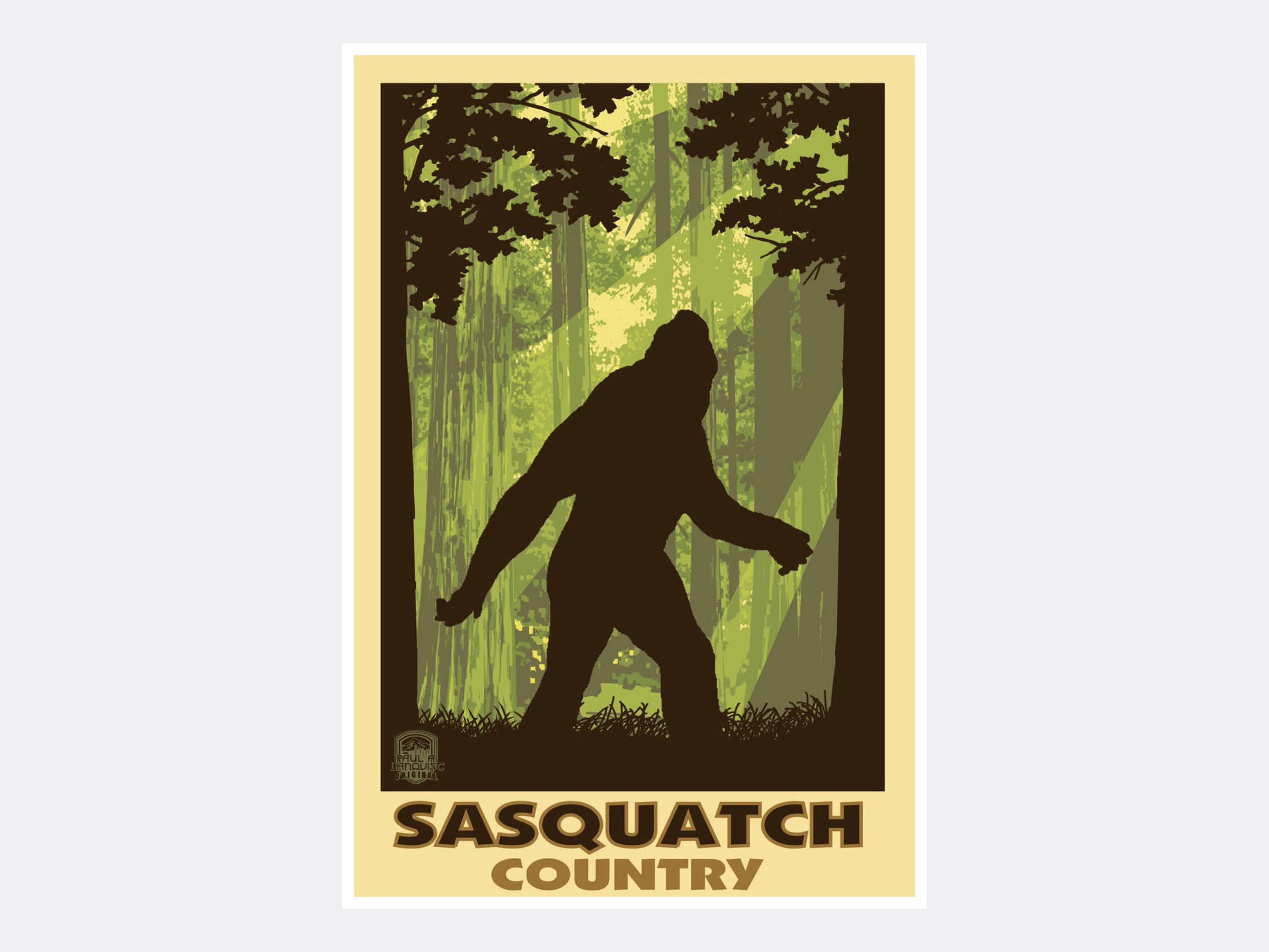 Sasquatch Country Giclee Art Print: Bigfoot Shadow Travel Poster