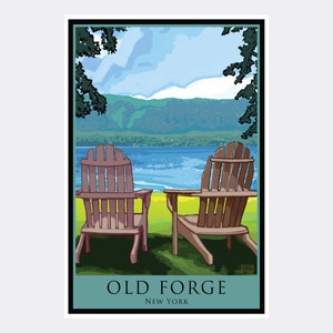 May include: A vintage-style travel poster featuring two wooden Adirondack chairs facing a lake with mountains in the background. The text "OLD FORGE NEW YORK" is at the bottom of the poster.