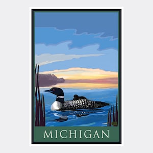 Michigan Loon & Chick Giclee Art Print Poster from Illustration by Artist Joanne Kollman