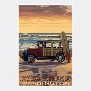 Ocean Shores Washington Car With Surfboard Giclee Art Print Poster from Travel Artwork by Artist Paul A. Lanquist