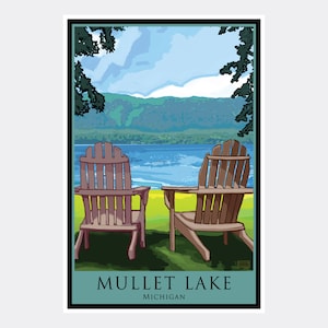 Mullet Lake Michigan Adirondack Chairs Lake Giclee Art Print Poster from Alla Prima Painting by Artist Joanne Kollman