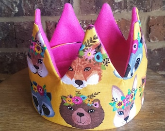 Woodland Animal Birthday Crown/ Toddler Crown/ Animal Birthday Hat/ Fabric Crown/ Fox Crown/ Custom Crown/ Personalized Birthday Crown