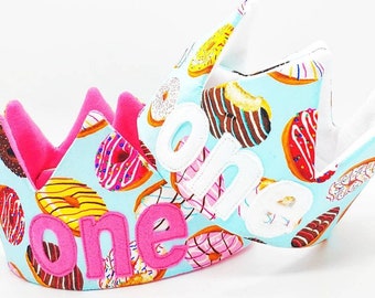 Donut Birthday Crown, Handmade Reversible Fabric Party Hat