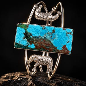 Natural Turquoise Cuff Bracelet Sterling Silver Elephant Statement Bangle Large Rectangular Gemstone Bracelet Boho Chic Jewelry Gift For Her