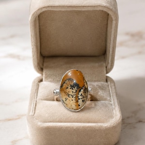 Natural Dendritic Tiger Jasper, 925 Sterling Silver Ring, Boho Statement Ring Scenic Tree Agate Ring Oval Gemstone Ring, Earthy Jewelry Gift