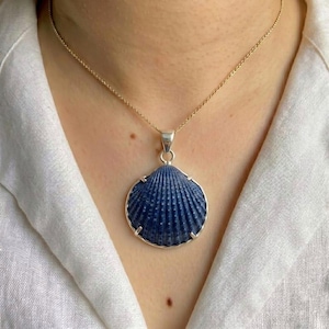 May include: A silver pendant necklace featuring a large, textured, deep blue seashell. The shell is encased in a silver frame and hangs from a delicate gold chain. The necklace is displayed against a white shirt.