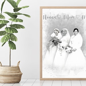 Three Generations Bridal Illustration, Mother of the Bride Gift, Nonna and Mom Wedding Picture, Custom Generational Wedding Portrait