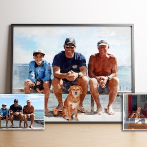 May include: A watercolor painting of three people and a dog sitting on a bench. The people are wearing casual clothing and the dog is a brown and white terrier. The background is a blue sky and ocean.