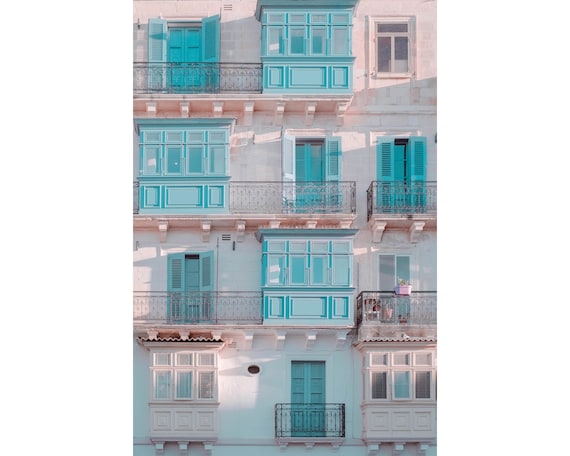 Typical Buildings and balconies in Valletta Malta Watercolour Painting Print