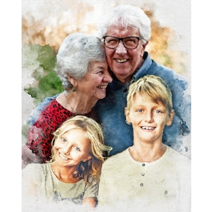 May include: A watercolor painting of a family, including two adults and two children. The adults are smiling and the children are looking at the camera. The family is dressed in casual clothing and is standing in front of a blurred background.