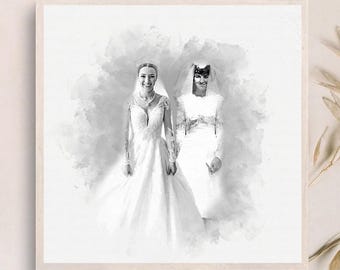 May include: Black and white watercolor painting of two people in wedding dresses. The people are standing side by side and smiling. The background is a soft, blurred watercolor wash.
