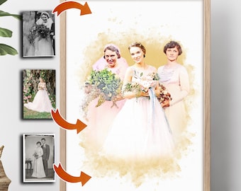 Custom Generational Wedding Portrait, Mother of the Bride Gift, Grandmother, Mother Gift from Daughter, Watercolor style Personalized