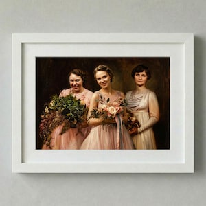 May include: A framed portrait painting featuring three individuals in light pink and cream-colored formal attire. The central figure holds a large floral bouquet, while the figures on the left and right also hold bouquets against a dark background.