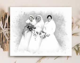 Three Generations Bridal Illustration, Bride and Mom Illustraion,  Generational Wedding Portrait, Custom Generation Wedding Portrait