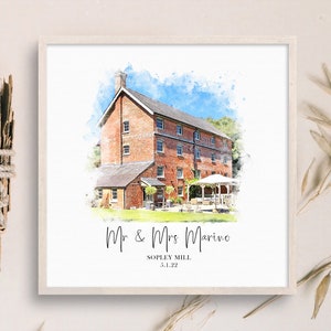 Afdruk trouwlocatie, huwelijkscadeau, 1e huwelijksverjaardag, schets locatie, schilderij van foto, gepersonaliseerde tekening, cadeau koppel