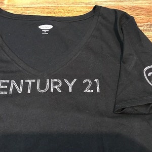 GREAT Pricing -CENTURY 21 Logo And C21 Seal, Woman's Black V-Neck Short Sleeve Shirt Rhinestones with major "Bling" effect