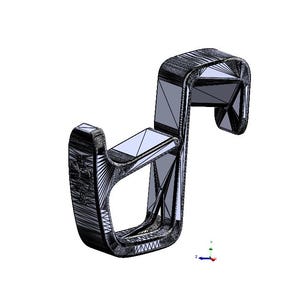 Puede incluir: Modelo 3D de un objeto negro geom&eacute;trico en forma de gancho. El objeto tiene una estructura de alambre compleja con una serie de l&iacute;neas y formas triangulares interconectadas. El dise&ntilde;o incluye una parte superior curva y una base rectangular.