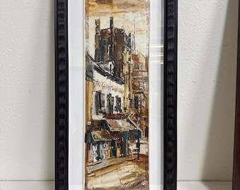 Paris Montmartre Cafe Street Scene 1986 Mixed Media Framed Original Art 11x24”