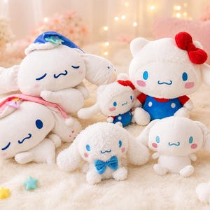 May include: A collection of six white plush toys featuring Cinnamoroll and Hello Kitty characters. The plushies have embroidered blue eyes, pink cheeks, and various accessories including a blue hat, a red bow, and a blue bowtie.