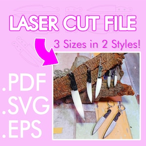 May include: Laser cut file for a knife earring and keychain design. The image shows three different sizes of the knife design in two styles. The file formats are PDF, SVG, and EPS.