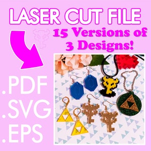 Puede incluir: Un conjunto de 15 archivos de corte por láser para crear aretes y collares. Los diseños incluyen una gema pixelada azul, una llave pixelada dorada y un triángulo verde con purpurina con un símbolo triforce. Los archivos están disponibles en formatos PDF, SVG y EPS.  "LASER CUT FILE 15 Versions of 3 Designs!" está escrito en blanco sobre un fondo rosa.