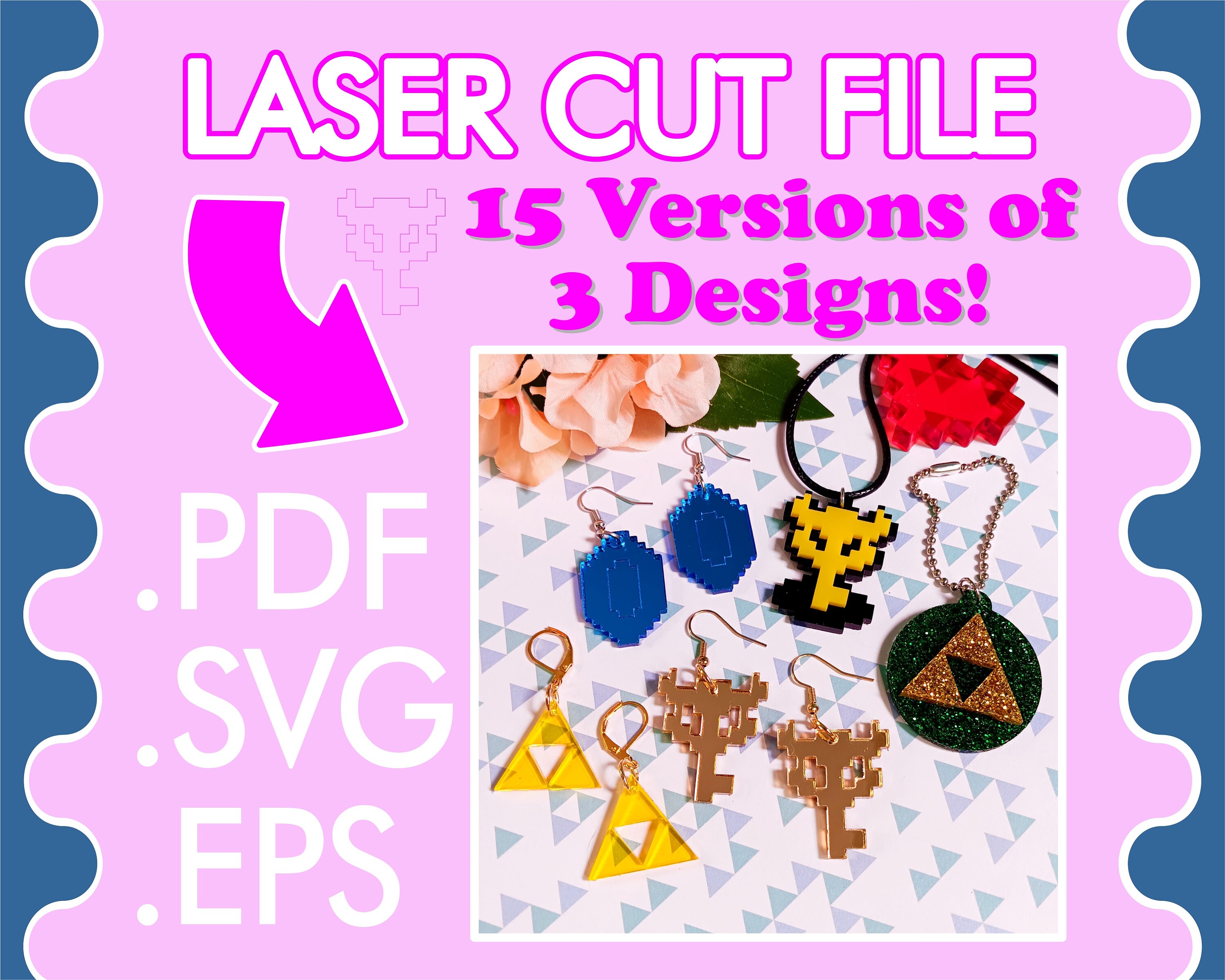 Retro 8 Bit Vintage Videogame Adventure Laser Cut Jewelry File ~ .PDF .SVG .EPS Laser Vector Download ~ Necklace, Studs and Dangle Earrings