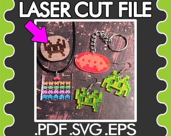 Retro Arcade Invaders Video Game Space Alien Jewelry Pendant Earrings Necklace Laser Cut Vector File ~ .PDF .SVG .EPS Laser Vector Download