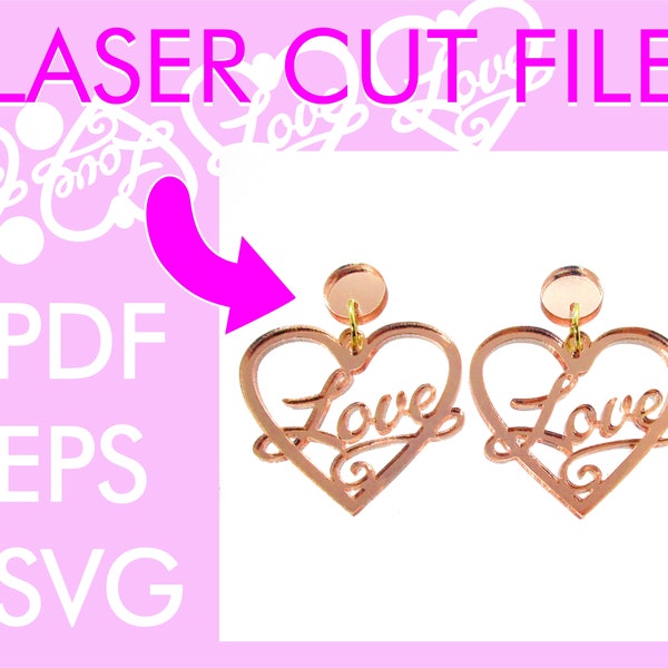 Valentines Day Cursive Love Word in Heart Jewelry Laser Cut File ~ .PDF .SVG .EPS Laser Vector Download ~ Necklace Pendant or Earrings