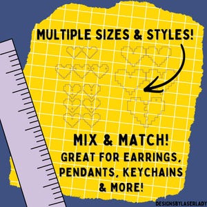 Puede incluir: Gr&aacute;fico con el texto "MULTIPLE SIZES & STYLES!" y "MIX & MATCH!" sobre un fondo amarillo. Se ven contornos de formas de coraz&oacute;n. Tambi&eacute;n est&aacute; presente el texto "GREAT FOR EARRINGS, PENDANTS, KEYCHAINS & MORE!". Una regla est&aacute; a la izquierda.