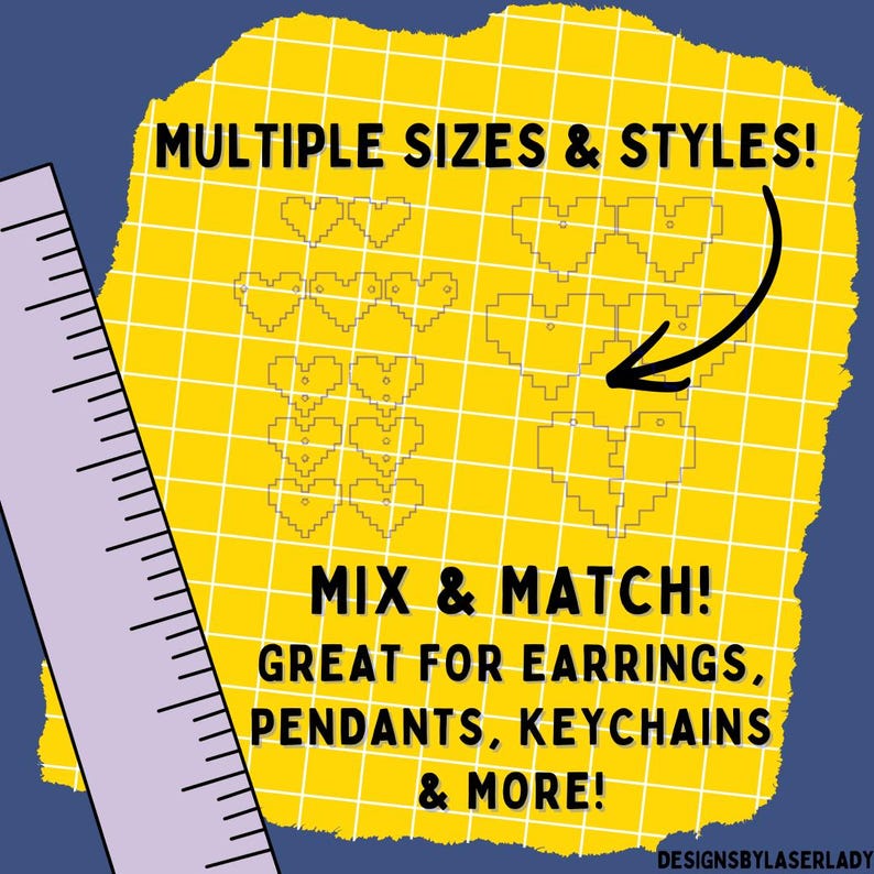 Puede incluir: Gr&aacute;fico con el texto "MULTIPLE SIZES & STYLES!" y "MIX & MATCH!" sobre un fondo amarillo. Se ven contornos de formas de coraz&oacute;n. Tambi&eacute;n est&aacute; presente el texto "GREAT FOR EARRINGS, PENDANTS, KEYCHAINS & MORE!". Una regla est&aacute; a la izquierda.