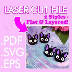 Può includere: File di taglio laser per orecchini in due stili: piatto e stratificato. Gli orecchini presentano un design di gatto nero con orecchie viola e occhi bianchi. I formati di file inclusi sono PDF, SVG ed EPS.