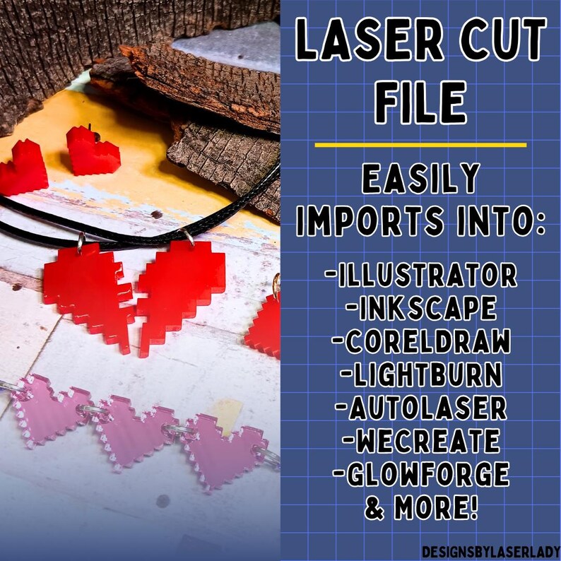 Puede incluir: Collares y dijes de coraz&oacute;n pixelados rojos y rosas. La imagen incluye el texto "LASER CUT FILE" y "EASILY IMPORTS INTO: Illustrator, Inkscape, CorelDraw, Lightburn, Autolaser, Wecreate, Glowforge & MORE!"