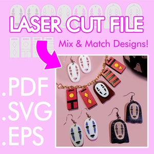 May include: Laser cut file for earrings and necklace featuring a No Face character from the movie Spirited Away. The design includes a variety of colors and patterns, including red, white, black, and gold. The file is available in PDF, SVG, and EPS formats.