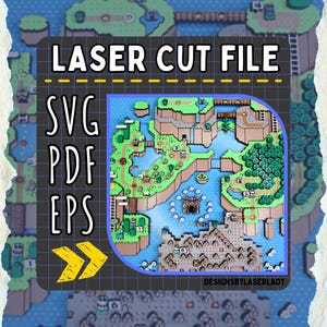 Puede incluir: Un archivo de corte láser digital con un diseño de mapa colorido con el texto "LASER CUT FILE". Los formatos de archivo incluyen SVG, PDF y EPS. El diseño está sobre un fondo azul y verde con una superposición de cuadrícula.