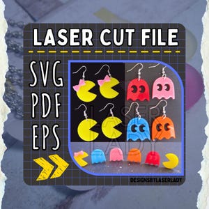 Może przedstawiać: Plik do cięcia laserowego przedstawiający kolczyki Pac-Man i duchy w kolorze żółtym, czerwonym, różowym, niebieskim i pomarańczowym. Kolczyki są pokazane w różnych wzorach, w tym Pac-Man z kokardą i duchy z oczami. Obraz zawiera również tekst "LASER CUT FILE" i "SVG PDF EPS".