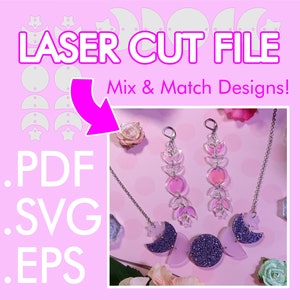 May include: Laser cut file for moon and star shapes. The image shows a necklace and earrings made with the shapes. The file is available in PDF, SVG, and EPS formats. The text on the image says "Laser Cut File Mix & Match Designs!"