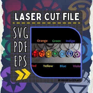 May include: Image of laser cut file designs. The image shows six colorful pendant necklaces in red, orange, yellow, green, blue, and violet. The text on the image says "LASER CUT FILE", "SVG", "PDF", and "EPS".