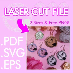 Puede incluir: Archivo de corte por láser para pendientes y un collar con una bruja montando una escoba con el texto "Kiki's Delivery Service Priority Air Mail". Los archivos están disponibles en formatos PDF, SVG y EPS.