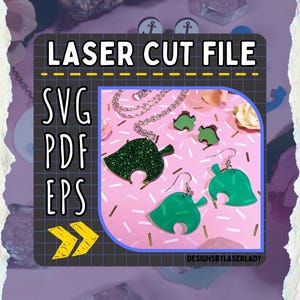 Puede incluir: Una colección de joyas y accesorios cortados con láser, que incluyen un collar con colgante de hoja verde brillante, aretes y aretes de botón. La imagen incluye el texto "LASER CUT FILE" y opciones de tipo de archivo: SVG, PDF y EPS.