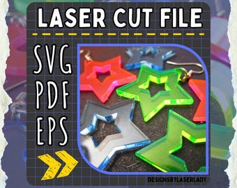 May include: A collection of star-shaped earrings in vibrant colors, including red, green, and silver. The image features the text "LASER CUT FILE" and file type options: SVG, PDF, and EPS. The earrings are displayed on a dark surface.