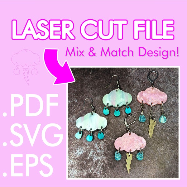 Lightning & Rain Cloud Laser Cut Spring Weather Earrings Vector Download Jewelry File ~ .PDF .SVG .EPS Laser Vector Download